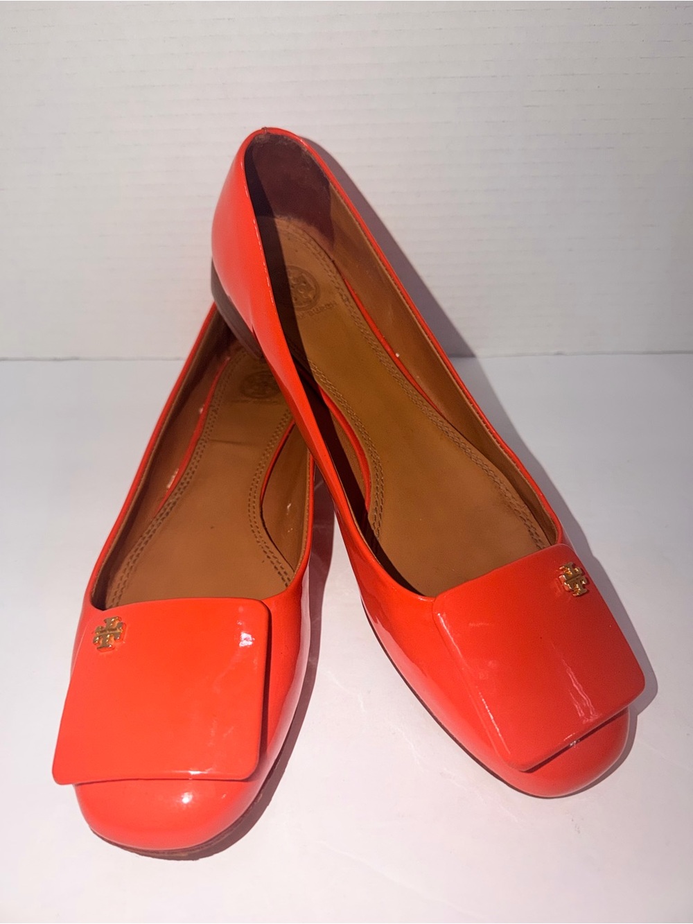 Tory Burch Bright Orange Patent Leather Semi PointToe Flats with Logo Accent